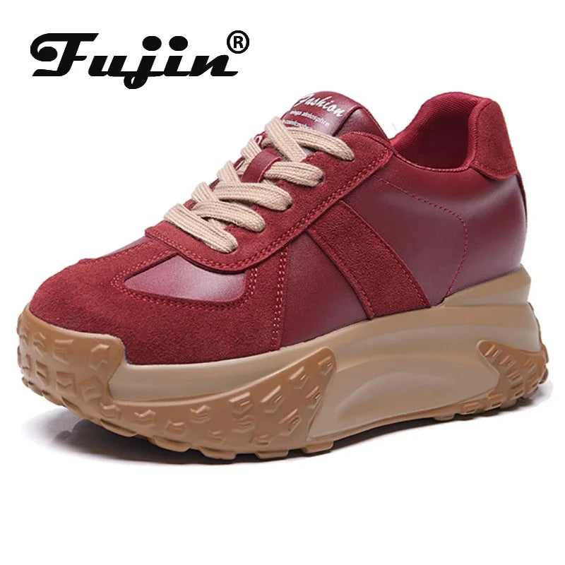 Koznoy 7cm Genuine Leather Women Chunky Sneakers Loafer Mixed Color Loafer Platform Wedge Flats Spring Autumn Vulcanize Shoes