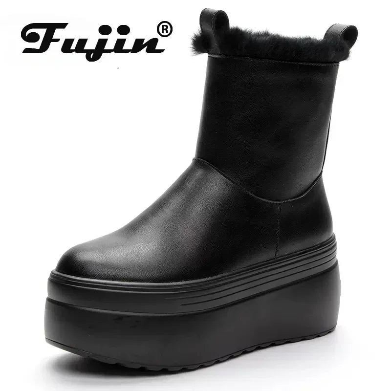 Fujin Snow Boots 2024 Women Boots Warm Genuine Leather Autumn Winter Motorcycle Booties Platform Super Thick Sole Shoes