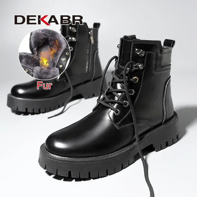 DEKABR New Comfortable Autumn Winter Warm Fur Boots Genuine Leather Soft Mens British Style Handmade Non-Slip Boots Size 38-45