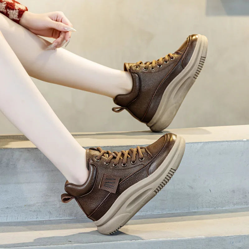 DRKANOL Fashion Autumn Winter Chunky Platform Warm Ankle Boots For Women Genuine Cow Leather Wedges Heel Casual Short Boots Lady