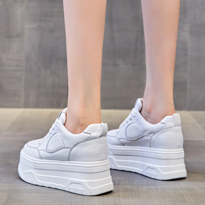 Fujin 6cm Women Shoes Chunky Sneakers Out Genuine Leather Casual White Wedge Shoes Platform Heel Pumps Mujer Bombas Breathable