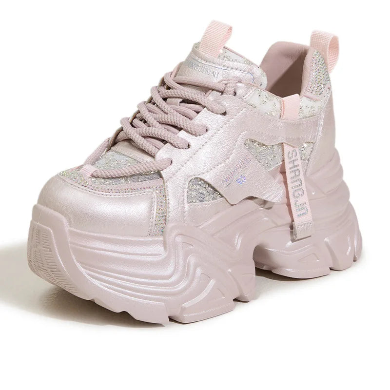 Fujin 9cm Air Mesh Microfiber Leather Bling High Brand Comfy Platform Wedge Fashion Summer Chunky Sneaker Lace Up Shoes Women
