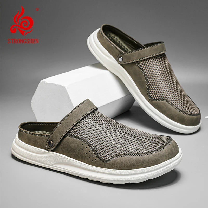 Luxury Men Slipper Comfy Casual Breathable Mesh Shoes Mules Leather Soft Bottom Sandals Summer Outdoor Non-slip Walking Shoes