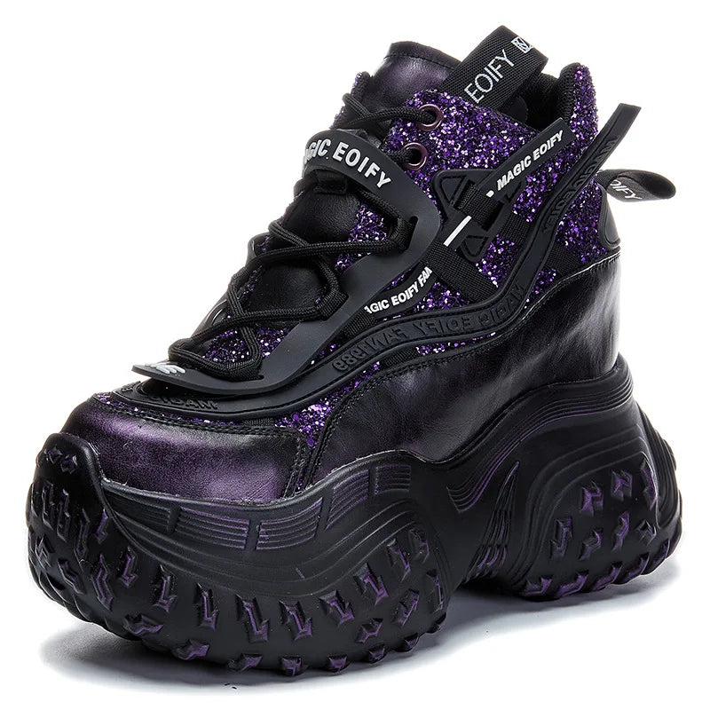 Fujin 12cm Microfiber Synthetic Chunky Sneakers Spring Shoes Genuine Leather Ankle Booties Bling Women Vulcanize Boots Autumn