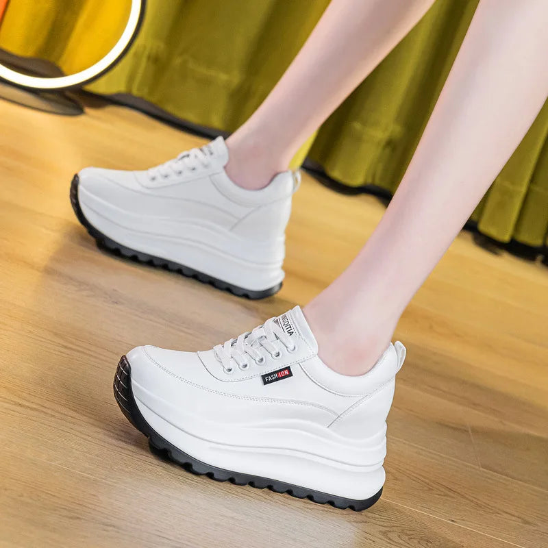 Fujin 8cm Heel Sneakers Genuine Leather White Platform Sneakers for Women Chunky Platform Women Fashion Sneaker Shoes Wedge Heel