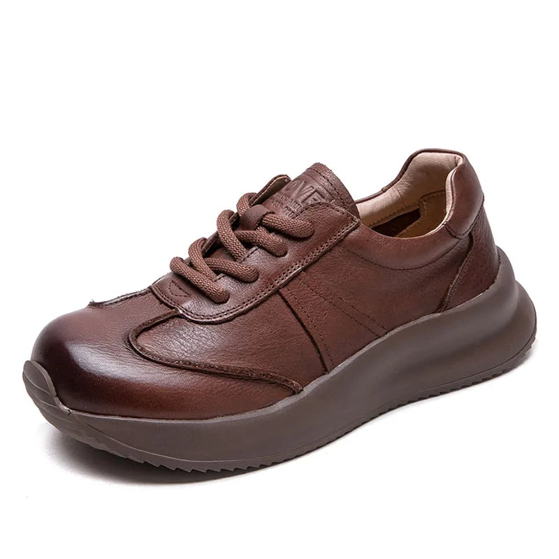 DRKANOL Women Thick Bottom Shoes Spring Autumn Lace-Up Casual Sneakers Quality Genuine Cow Leather Handmade Retro Platform Shoes