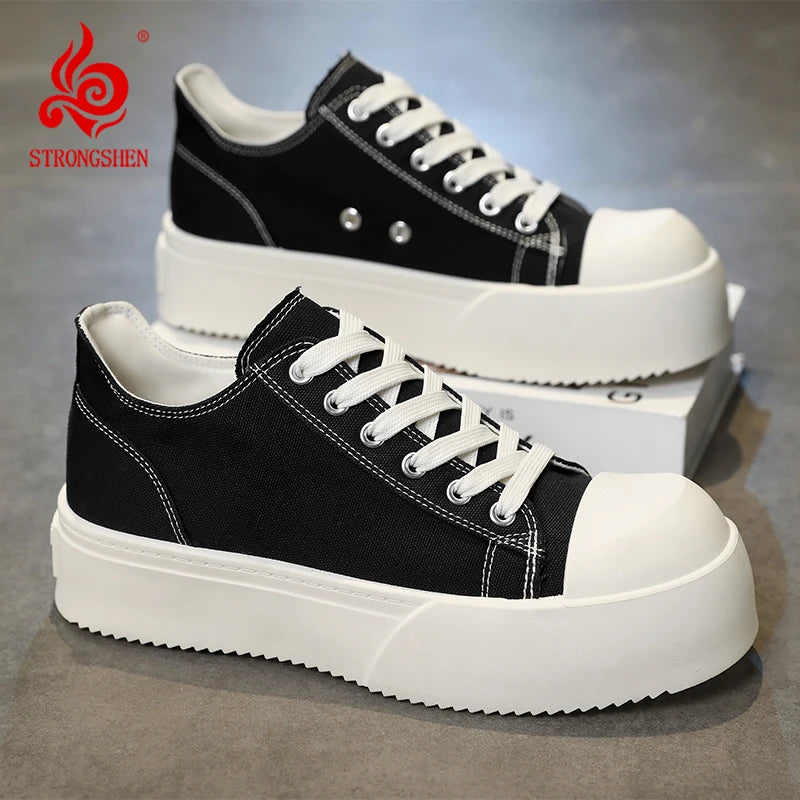STRONGSHEN Trendy Men Platform Canvas Skate Shoes Leisure Thick Bottom Sports Casual Sneakers Mens Height Increase Lace Up Shoes