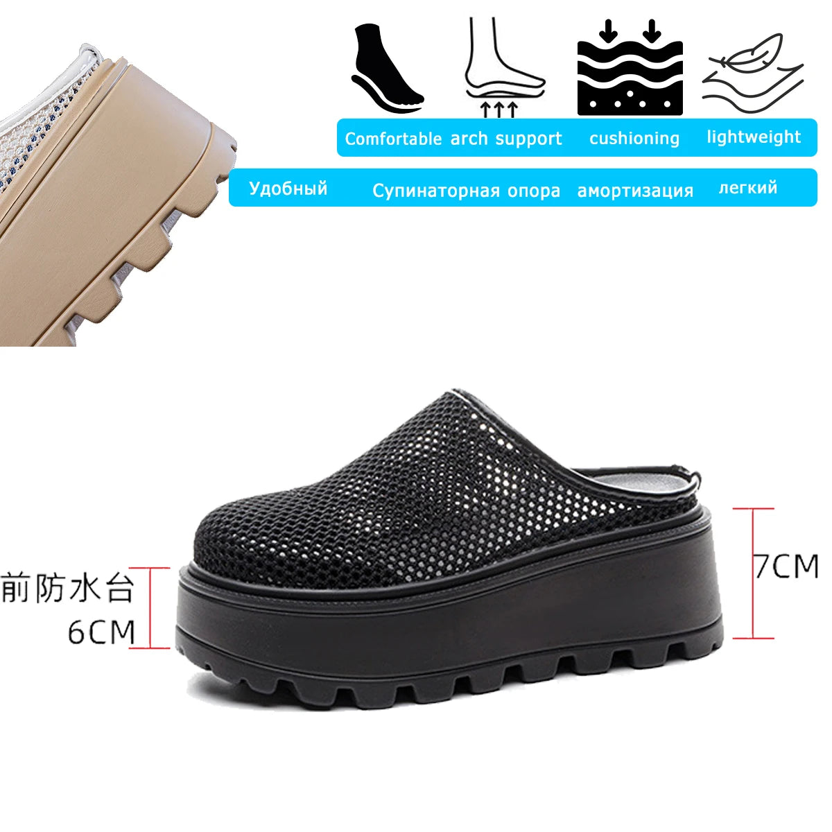 Fujin 7cm Air Mesh Platform Wedge Breathable Pumps Summer Hollow High Brand Synthetic Chunky Heels Mary Jane Slipper Shoes
