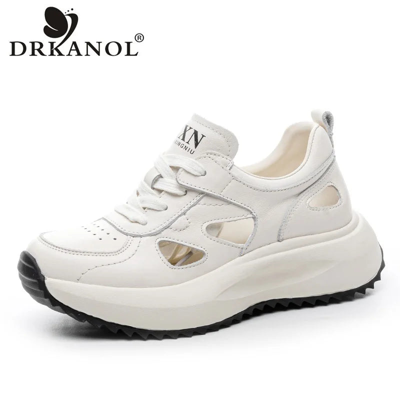 DRKANOL Casual Sneakers Women 2025 Summer Hollow Breathable Genuine Leather Thick Sole Platform Lightweight Ladies Shoes White