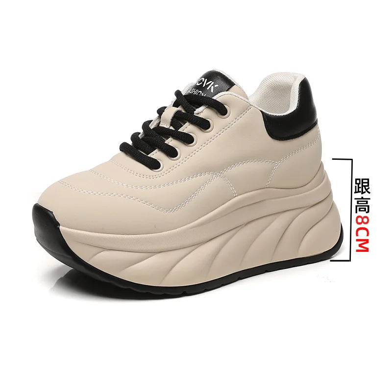 Fujin 8cm Genuine Leather Chunky Sneakers for Women Platform Sneakers Heel Wedge Women Casual Shoes  Slip on Female Summer Shoes