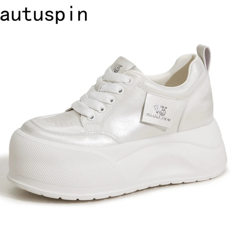 AUTUSPIN 7cm Retro Skateboarding Shoes Women Summer New Arrival Synthetic Leather Sports Sneakers Leisure Platform Walking Shoes