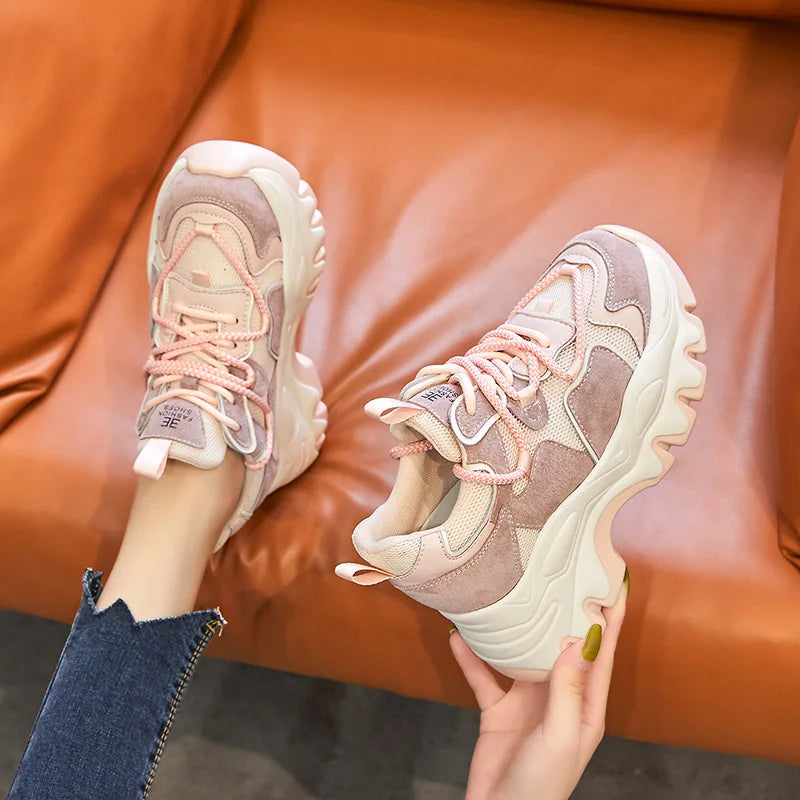 Koznoy 8CM Air Mesh Suede Genuine Leather Thick Bottom Flats Chunky Sneakers Women Causal Platform Wedge Summer Fashion Shoes