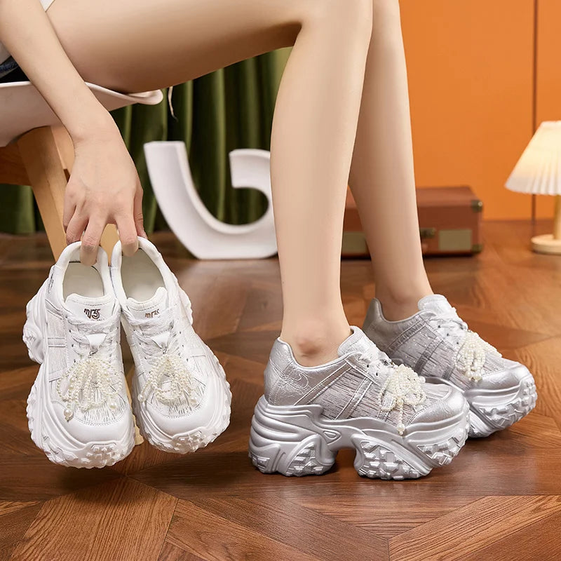 AUTUSPIN 10cm Height Increasing Summer Shoes for Women 2025 Fashion Breathable Lace Synthetic Leather Leisure Sports Sneakers
