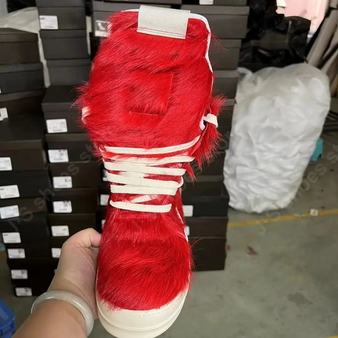 R-o Classic Design Men Shoe Red Horse Hair Women High Top Shoes Boots Zippe Red Horsehair With White Leather Ankle Boot Sneakers