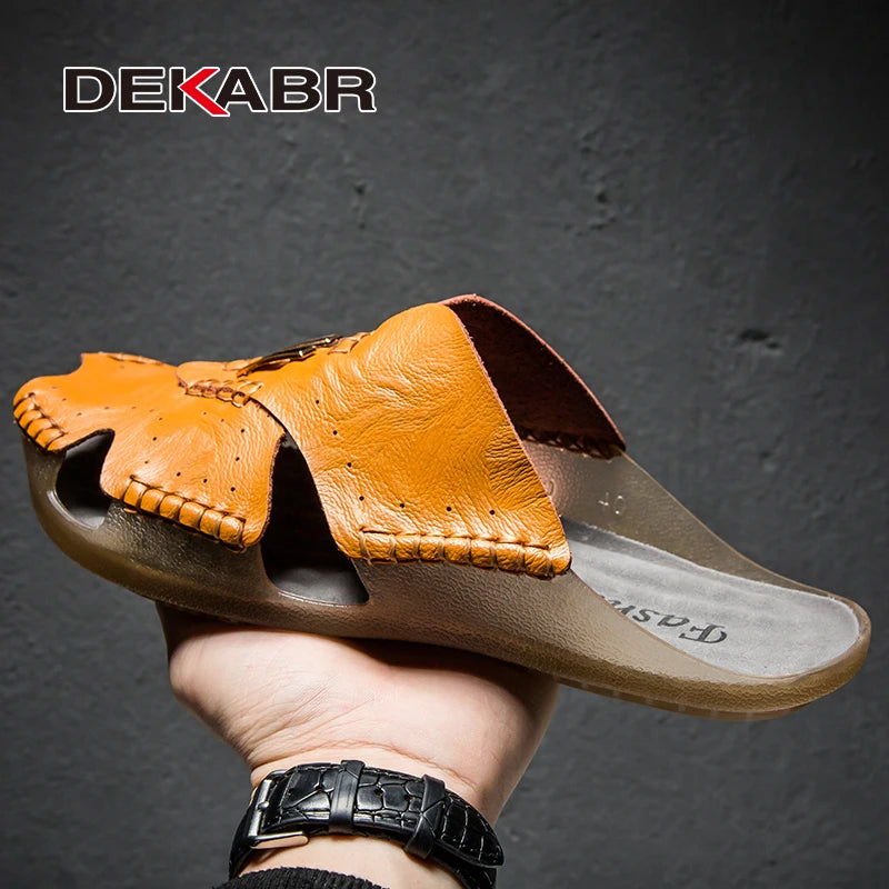 DEKABR British Style Sandals Men Simple Quality Leather Non-Slip Wear-Resistant Hand-Sewn Business Casual Office