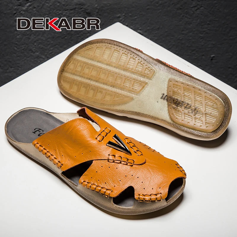 DEKABR British Style Sandals Men Simple Quality Leather Non-Slip Wear-Resistant Hand-Sewn Business Casual Office