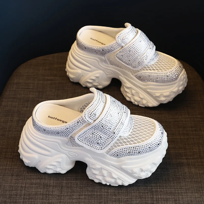 Fujin 9cm Air Mesh Microfiber Leather Women Bling Vulcanize Platform Wedge Flats Chunky Sneakers Slipper Hidden Heel Shoes