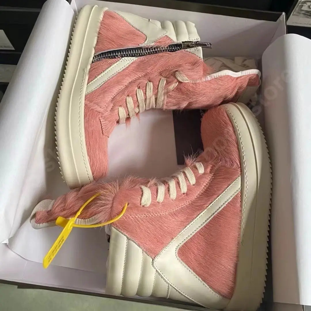 R-o Classic Boots Men Shoe Pink Horse Hair Women High Top Shoes Sneaker White Leather Pink Horsehair Ankle Boot Outside Sneakers