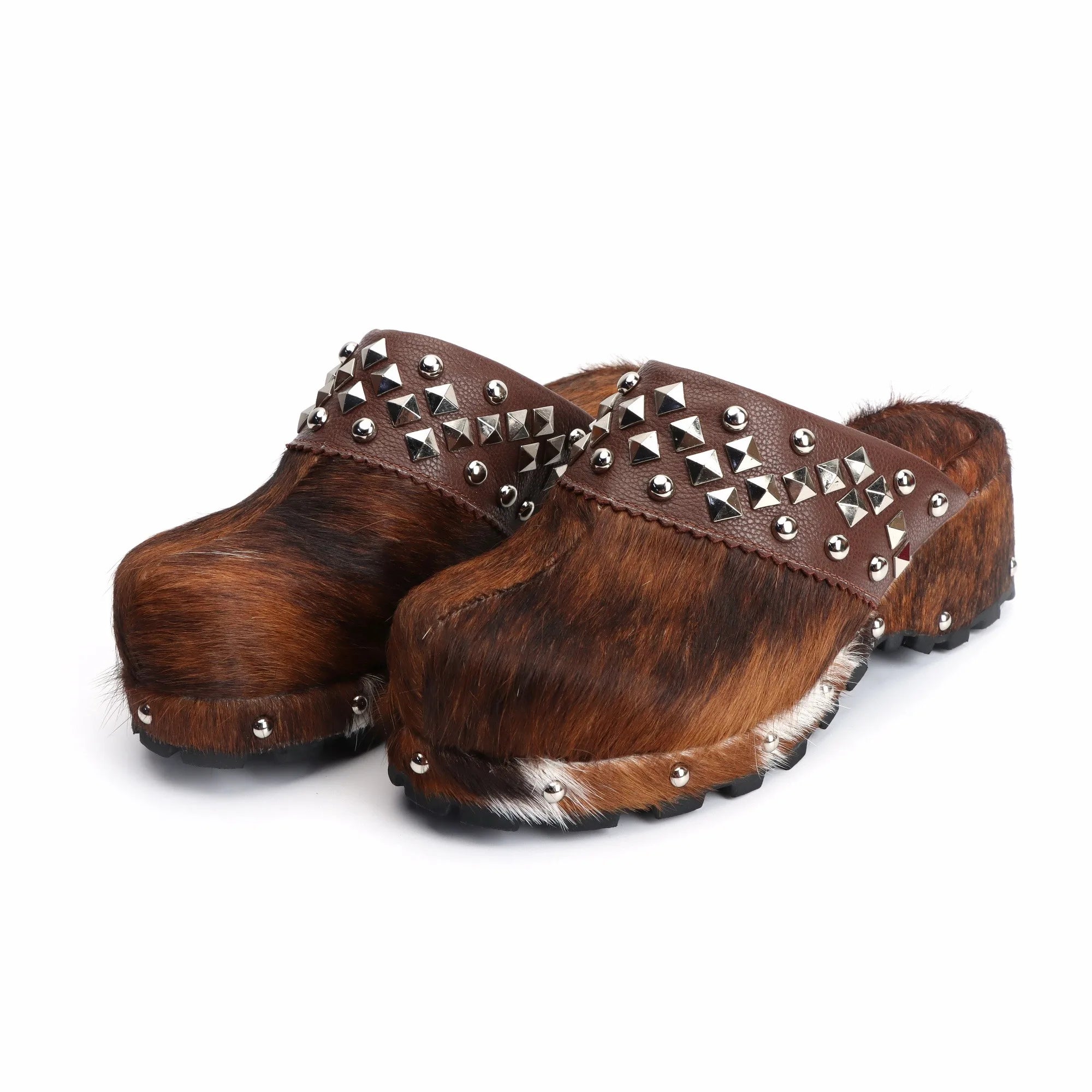 Women's Handmade Western Cowboy Clogs Shoes with Natural Calf Hair, Sheepskin Lining, and Arch Support - Featuring Shiny Rivets