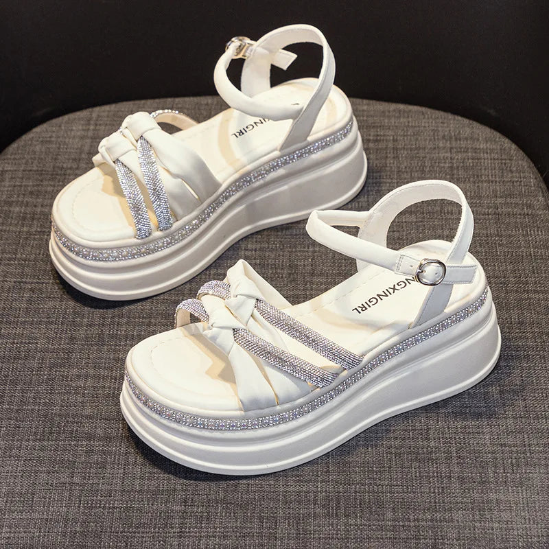 Fujin 7.5cm Genuine Leather Rhinestone Summer Bling Slippers Luxury Platform Wedge Flats Leisure Sandals Elegance Women Shoes