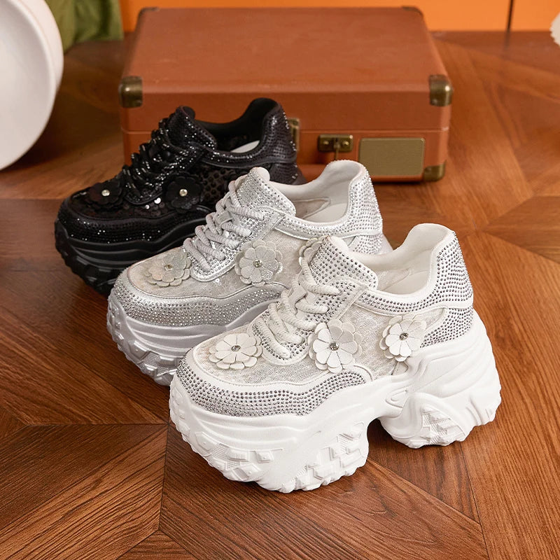 AUTUSPIN 10cm Lace Shoes for Women High Platform Wedged Casual Shoes Female Outdoor Crystal Shiny Comfy Chunky Footwear Woman