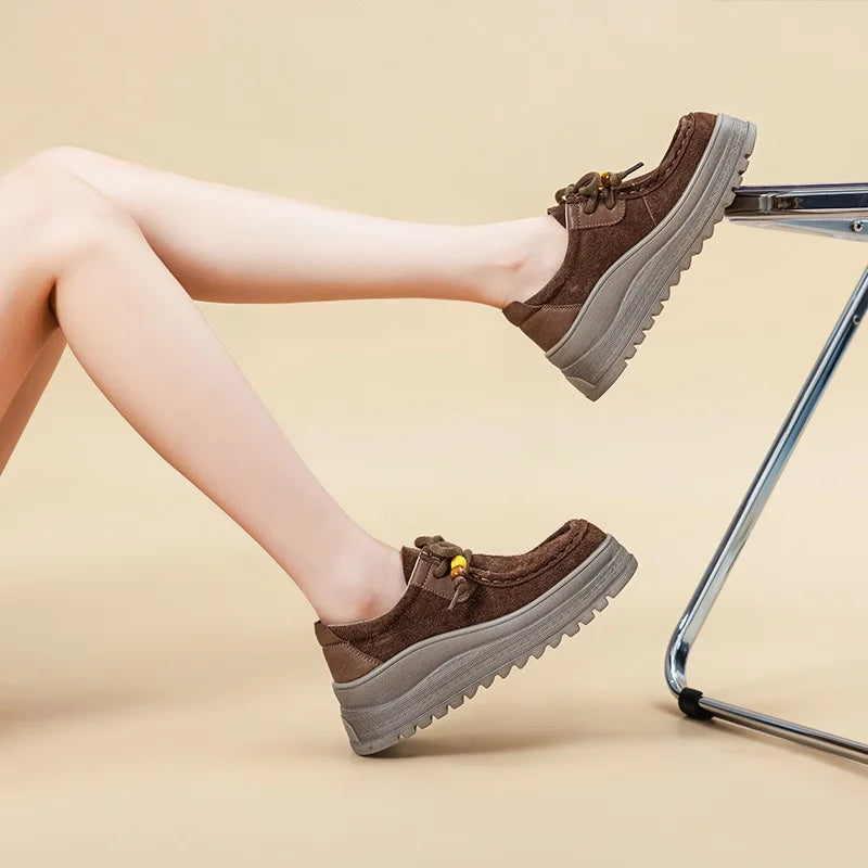 DRKANOL Handmade Retro Cow Suede Leather Chunky Platform Shoes For Women Big Toe Wedges Heel Height Increasing String Bead Shoes