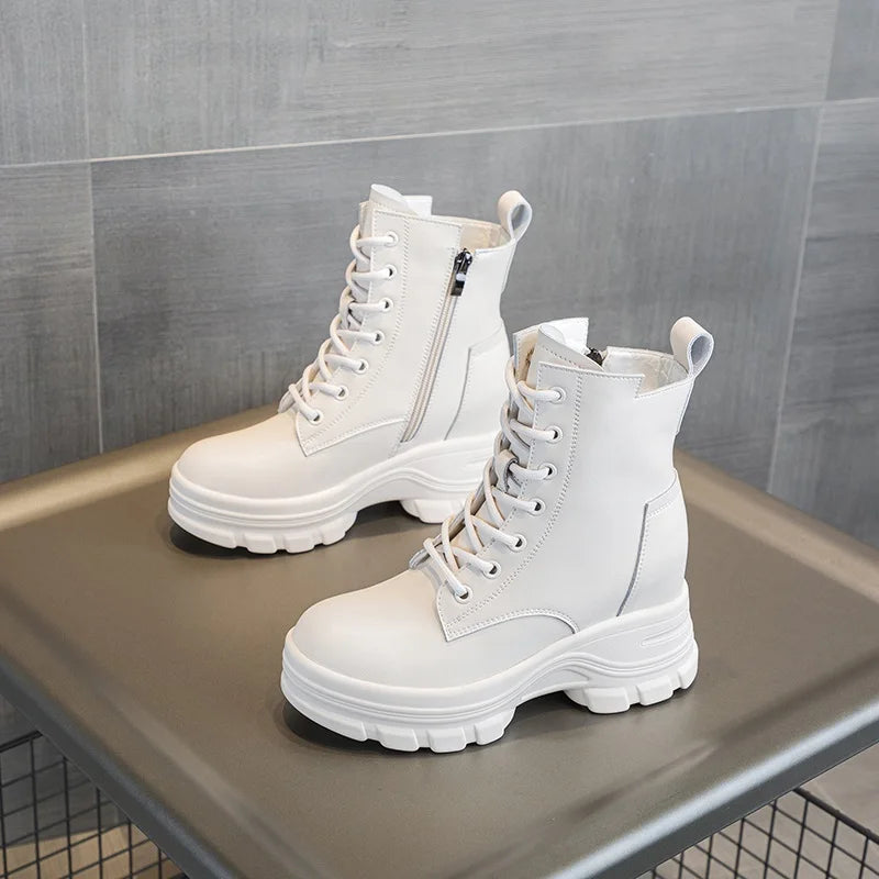 DRKANOL Fashion Women Height Increasing Boots Autumn Winter Warm Plush Platform Ankle Boots For Women Real Cowhide Wedges Shoes