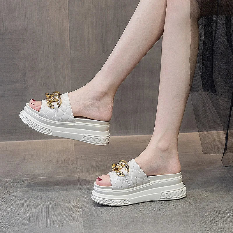 Fujin 7cm Genuine Leather Women Summer Shoes Outside Slippers Beach Shoes Platform Wedges Slides Sandals Beach Shoes