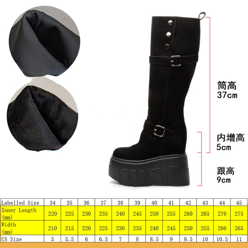 Fujin 14cm Microfiber Synthetic Leather High Top Boots Women Booties Knee High Platform Wedge Spring Autumn Zipper Fashion Shoes