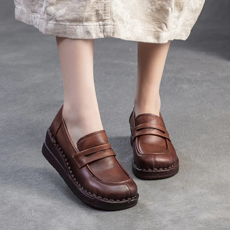 DRKANOL Women Slip On Loafers Height Increasing Wedges Heel Shoes Handmade Retro Genuine Leather Outside Casual Shoes Footwear