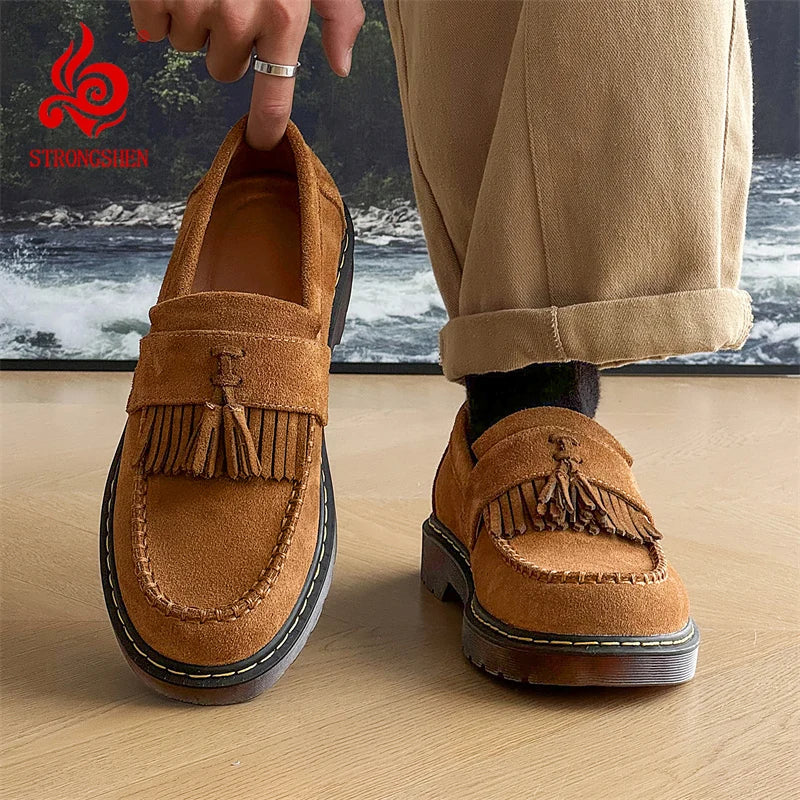 STRONGSHEN Men Tassels Genuine Leather Shoes Suede Thick Sole Oxford Shoes Formal Loafers Business Dress Shoes Casual Footwear