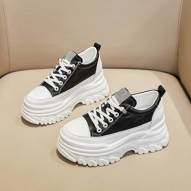 Fujin 9cm High Heel Genuine Leather Women Shoes Chunky Sneakers Wedge Platform Shoes Summer Women Breathable Comfy Footwear