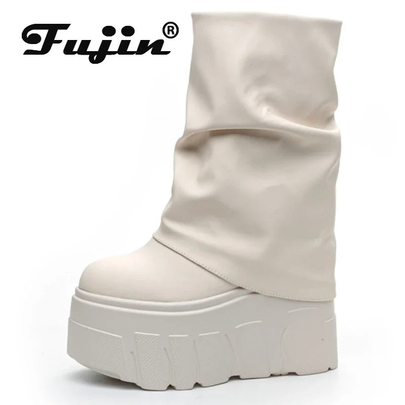 fujin 14cm Microfiber Leather Autumn Boots Flats Plush Ankle Booties Women Platform Wedge Thick Sole Motorcycle Winter Shoes