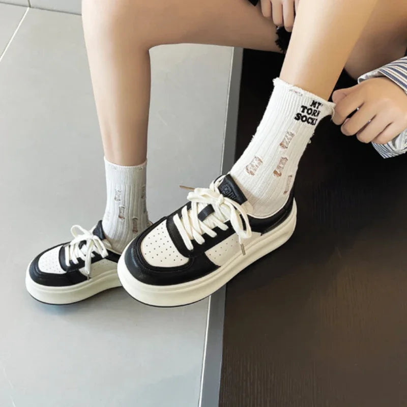 Fujin 6cm Genuine Leather Breathable Vulcanize Summer Women Spring Autumn Microfiber Fashion Chunky Sneaker Flats Boots Shoes