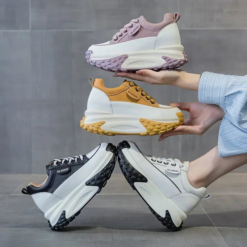 Fujin 2.7 inch 7cm Genuine Leather Platform Wedge Fashion Women Autumn Summer Chunky Sneakers Heel Shoes Breathable Comfortable