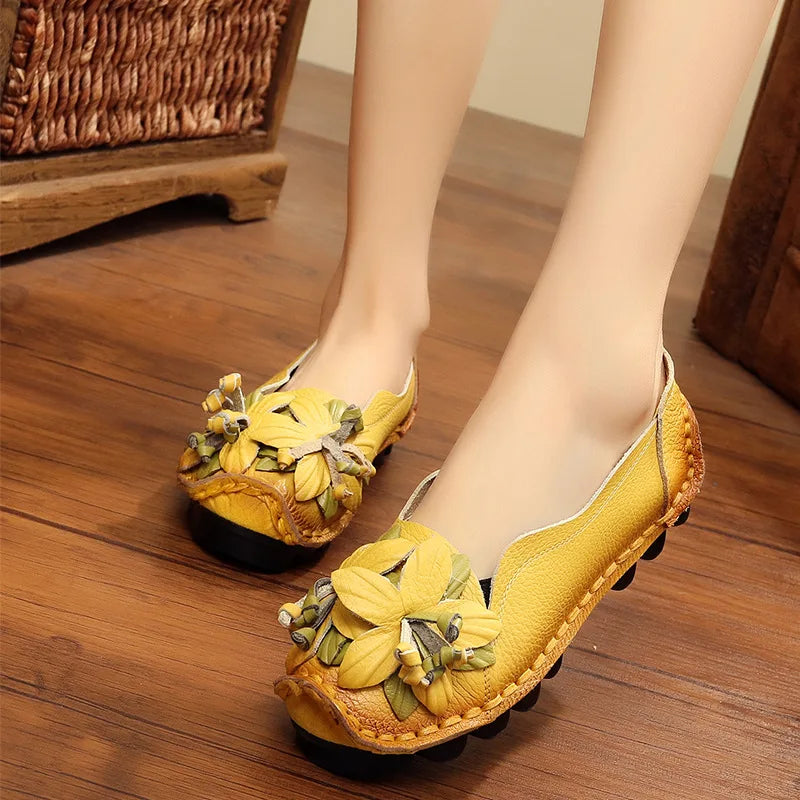 WOIZGIC Women Female Mother Ladies Genuine Leather Shoes Flats Loafers Non Slip On Flowers Retro Moccasins Plus Size 41 42