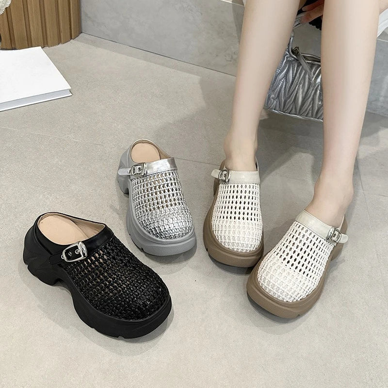 Fujin 7.5cm Microfiber Leather Platform Wedge High Brand Breathable Women Sandals Flats Round Toe Slipper Hollow Slip on Shoes