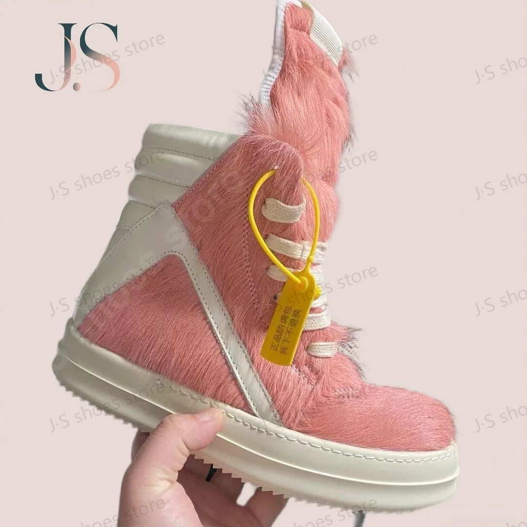 R-o Classic Boots Men Shoe Pink Horse Hair Women High Top Shoes Sneaker White Leather Pink Horsehair Ankle Boot Outside Sneakers