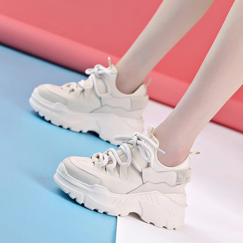 Fujin 8cm 2024 Genuine Leather Suede Casual Chunky Sneakers Luxury Platform Wedge Women Spring Autumn Summer Fashion Comfy Shoes