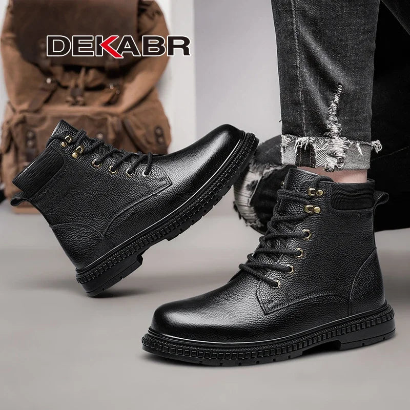 DEKABR New Fashion Comfortable Men Ankle Boots Genuine Leather Autumn Winter Warm Fur Plus Casual Black Boots Size 36-46
