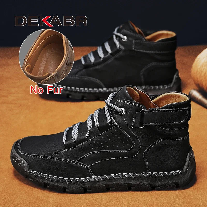 DEKABR PU Leather Men Boots Winter Warm Outdoor Comfortable Boots Handmade Ankle Boots Business Boots Big Size 38-48