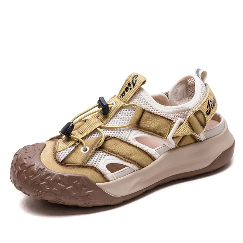 DRKANOL 2025 Fashion Women Air Mesh Shoes Hollow Out Breathable Genuine Leather Thick Sole Lightweight Comfort Casual Sandals