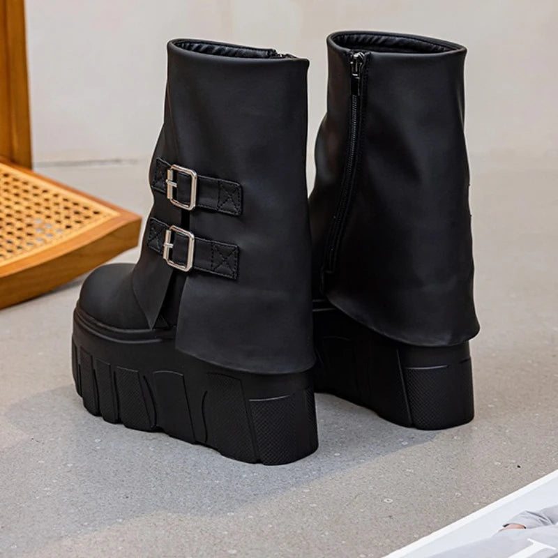 Fujin 14cm Genuine Leather Platform Boots for Women Ankle Boots Spring Autumn Winter Platform Wedge Heel Boots Booties Female