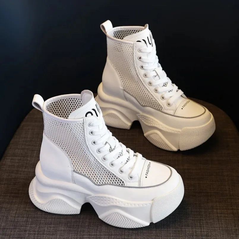 Fujin 8cm Women Breathable Platform Chimney Hollow Fashion Summer Shoes Air Mesh Genuine Leather Synthetic Mid Calf Ankle Boots