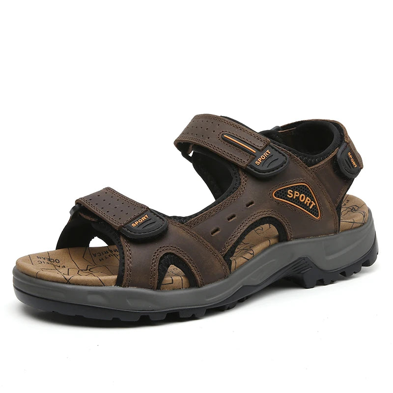 Sandales de plage en cuir véritable pour homme, chaussures de loisirs d'été à la mode, de haute qualité, souples, grande taille, tailles 38 à 48