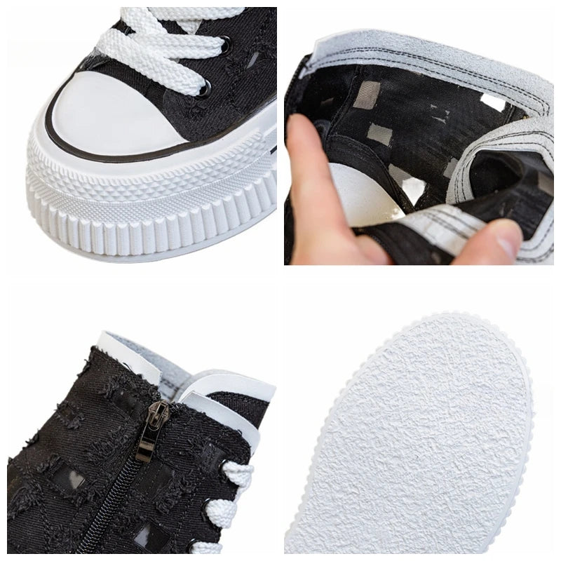 Koznoy 13CM Denim Air Mesh  Women Chunky Sneakers Hollow Ankle Booties High Brand Platform Wedge Flats Fashion Causal Shoes