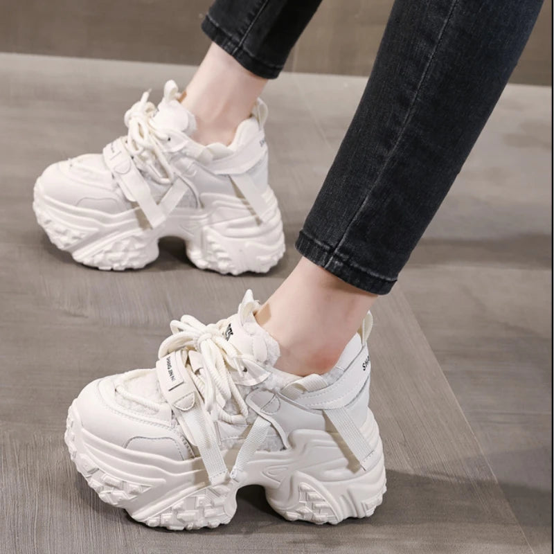 Fujin 9.5cm Women Synthetic Leather Spring Chunky Sneakers  Winter Plush Fashion Ankle Booties Autumn Platform Wedge Flats Shoes