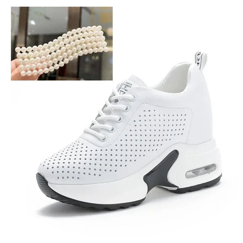 Fujin 8cm Wedge Heel Platform Shoes Chunky Sneakers Hollow Breathable Women Summer Sneakers Pumps Shoes Microfiber Leather Shoes