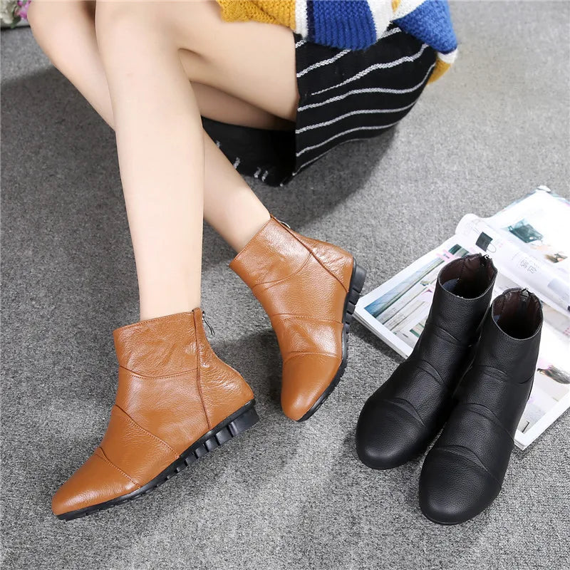 WOIZGIC Femmes Dames Femme Mère Chaussures En Cuir Véritable Plateforme Bottines Fermeture Éclair Automne Hiver Chaud Fourrure En Peluche Grande Taille