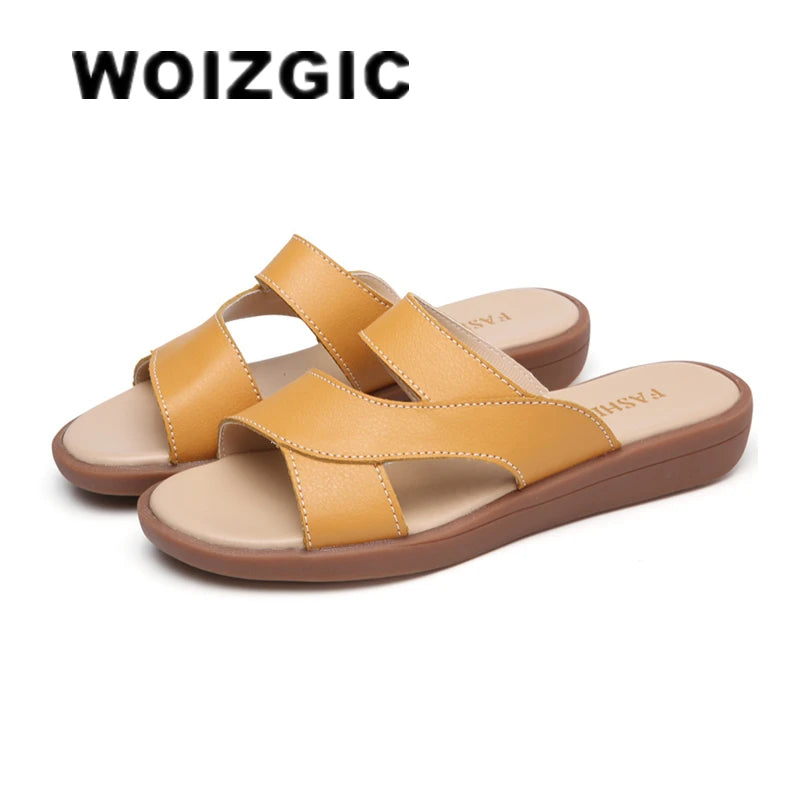 WOIZGIC Nouvelles Femmes Vieille Mère Femmes Dames Chaussures Sandales Vache Véritable Cuir Sans Lacet Été Plage Décontracté Taille 35-40 YL-1802